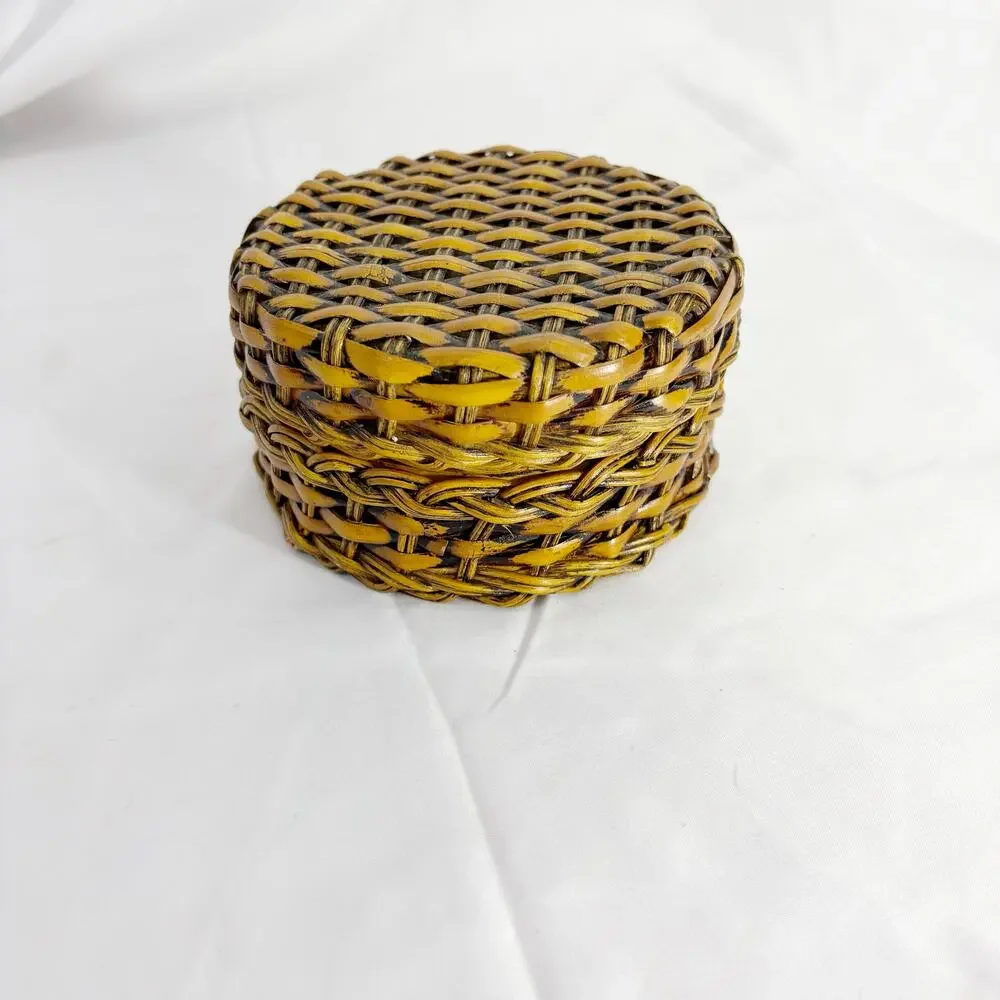Vintage 4” Round Woven Lidded Trinket Box – Handmade Storage Basket